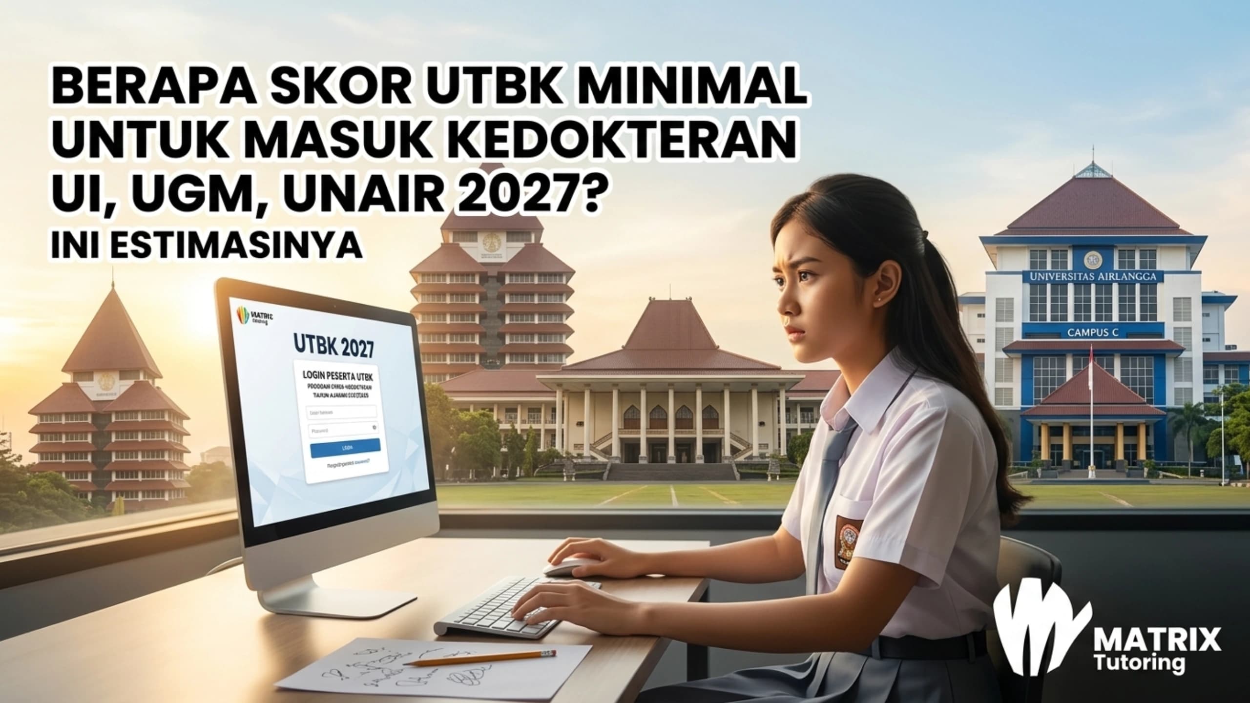 Calon mahasiswa sedang mengerjakan UTBK di komputer, dengan latar belakang gedung kampus universitas ternama Indonesia