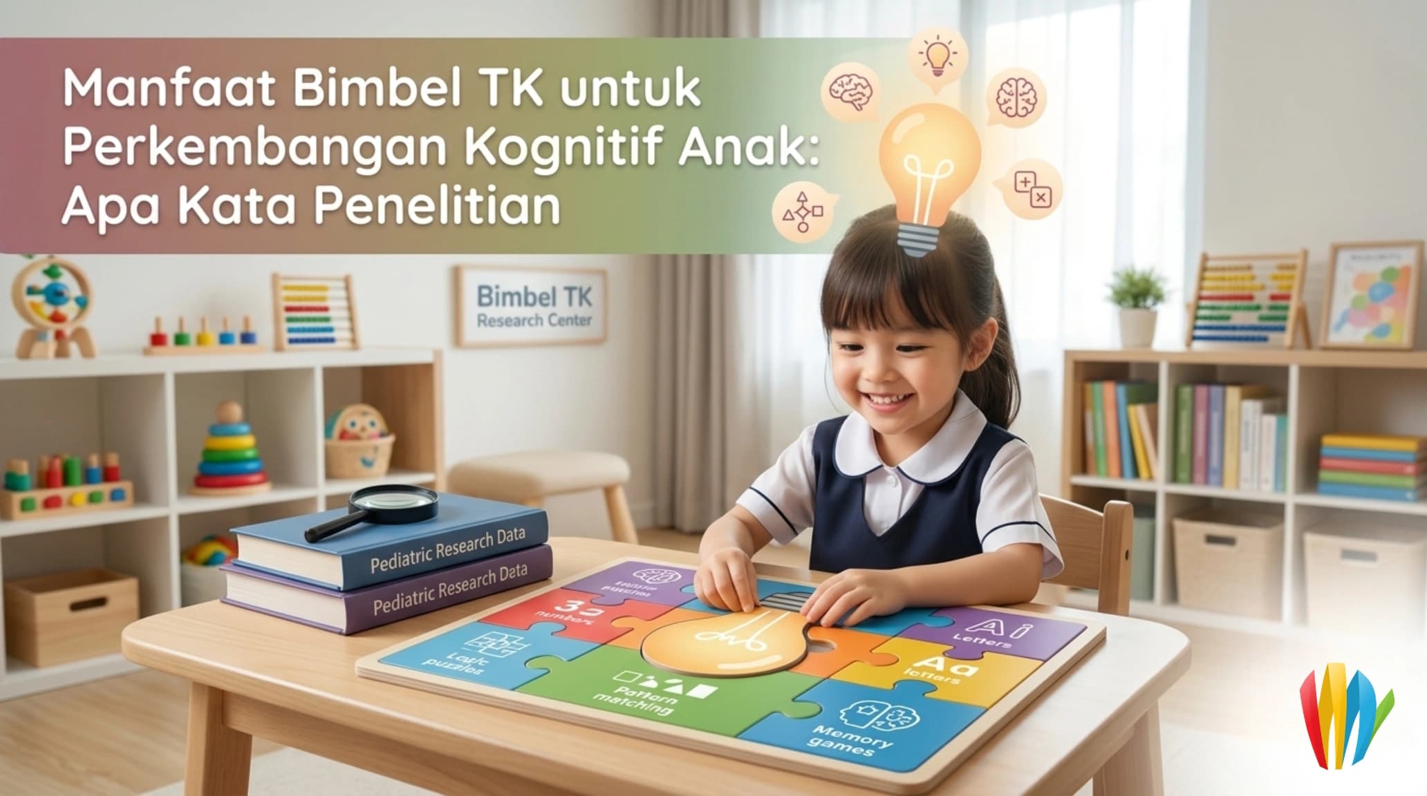 Anak usia TK sedang belajar bersama guru privat dengan alat peraga warna-warni, menggambarkan stimulasi kognitif yang menyenangkan