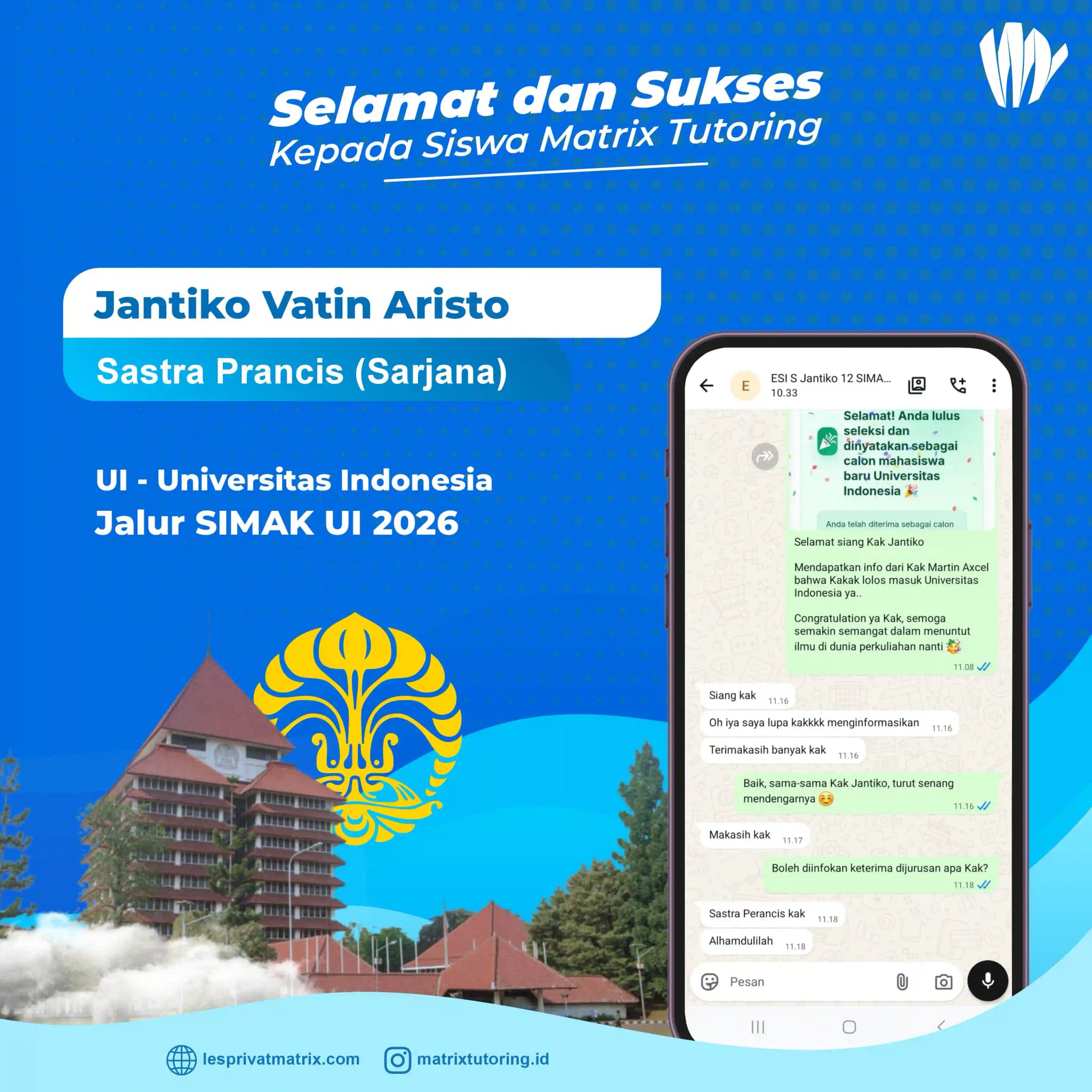 Success Story siswa Jantiko Vatin Aristo Sastra Prancis Simak UI - Matrix Tutoring Indonesia
