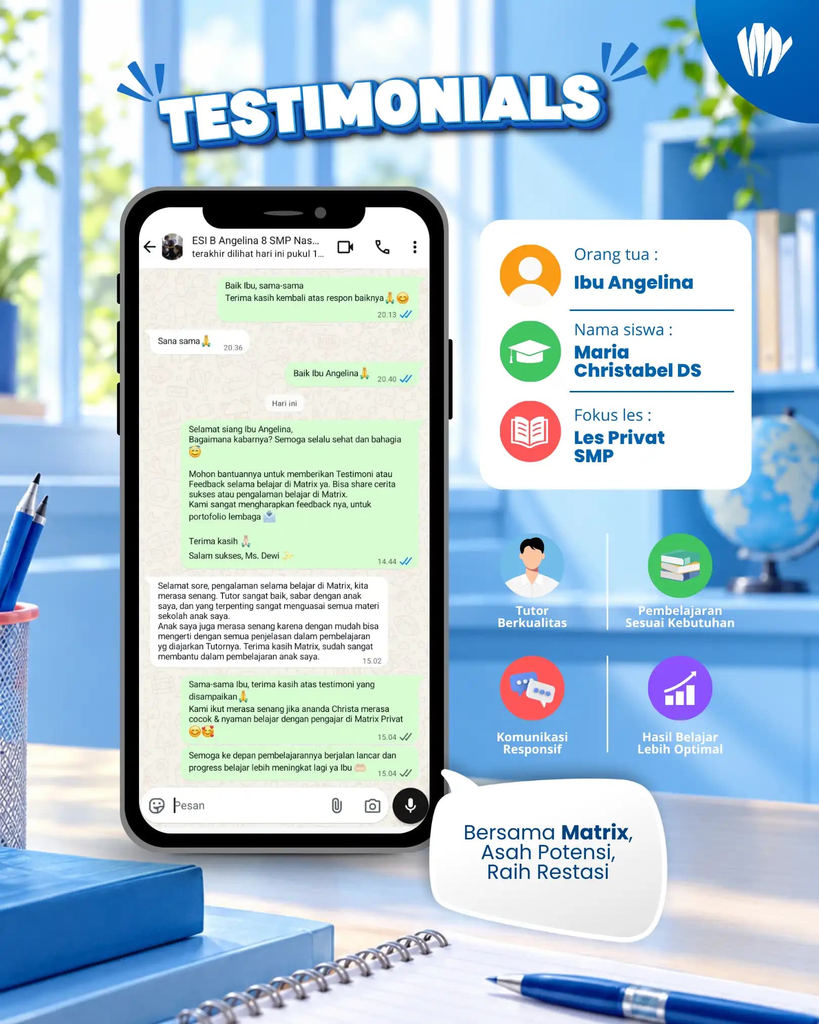 Testimoni orang tua dan siswa Matrix Tutoring