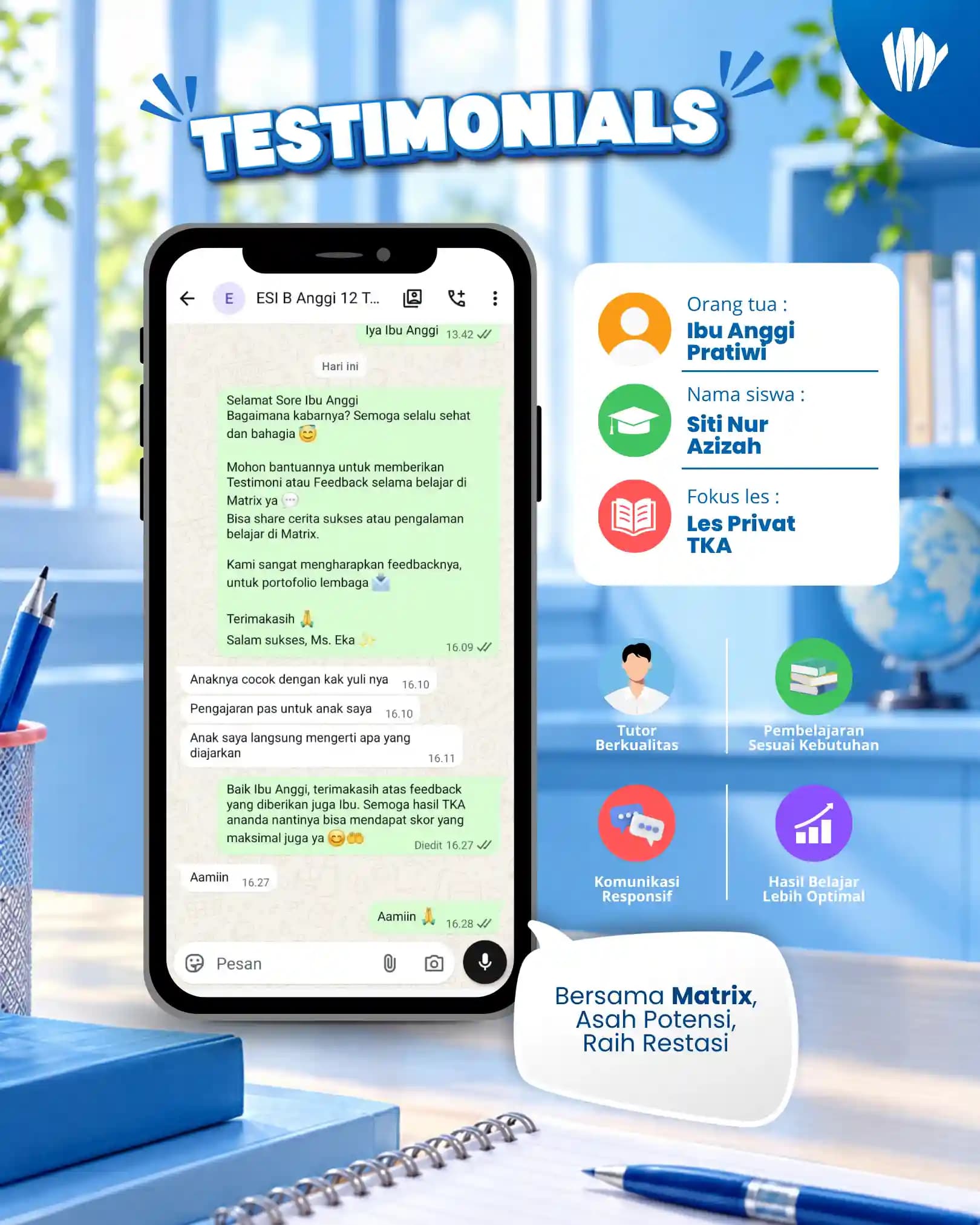 Testimoni orang tua siswa Matrix Tutoring Siti Nur Azizah