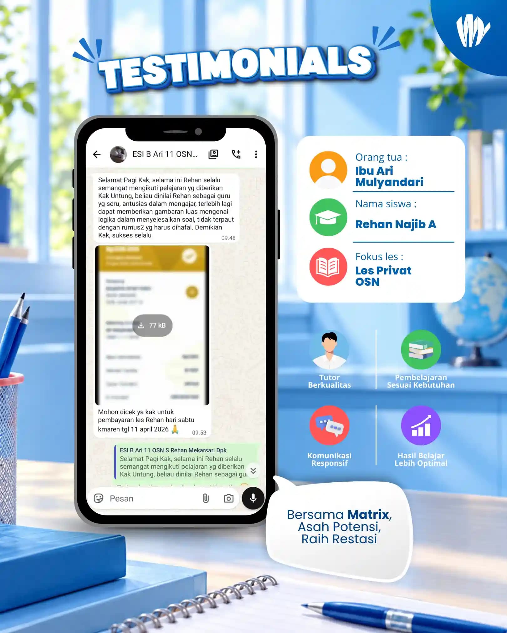 Testimoni orang tua siswa Matrix Tutoring Rehan Najib A