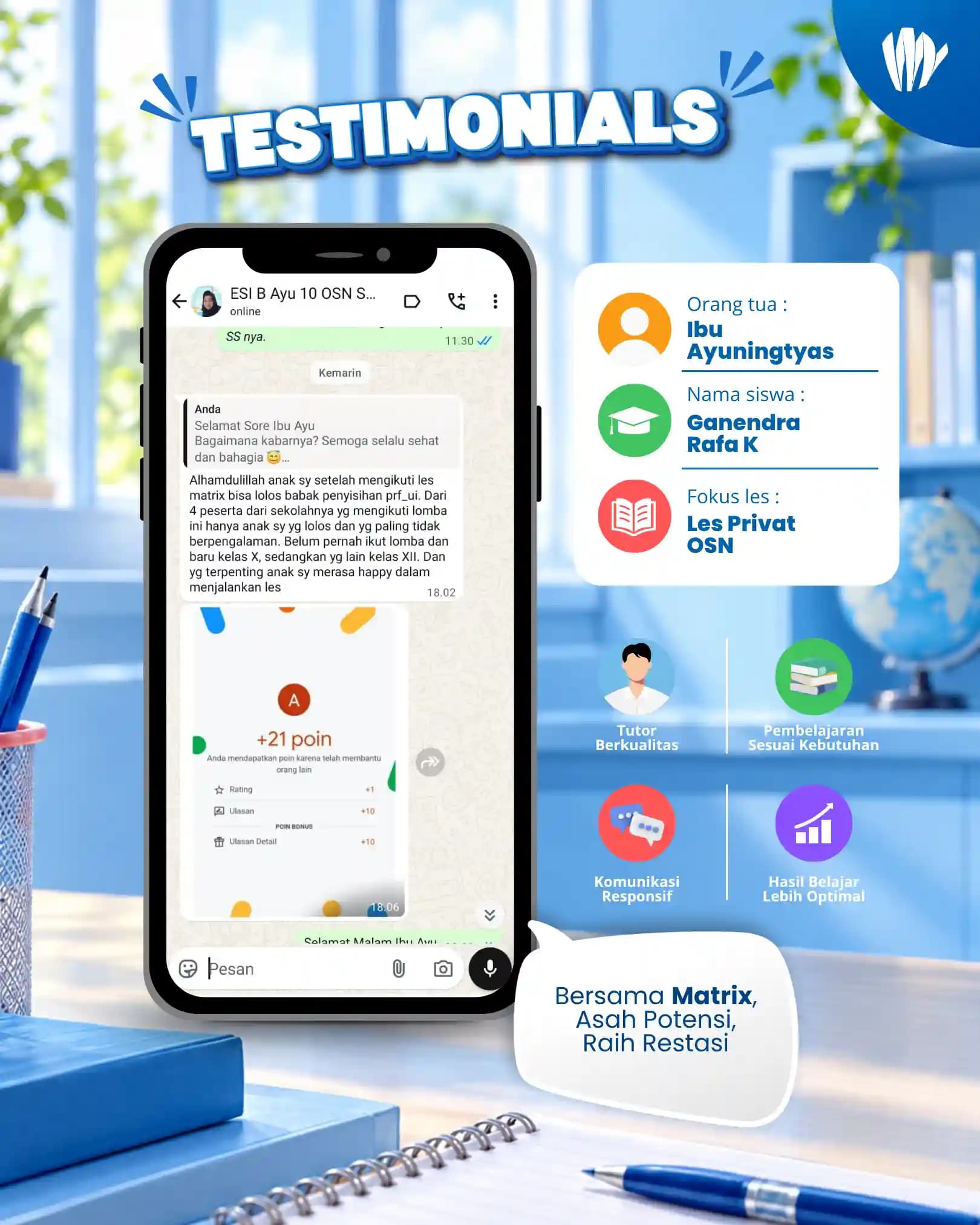 Testimoni orang tua siswa Matrix Tutoring Ganendra Rafa K