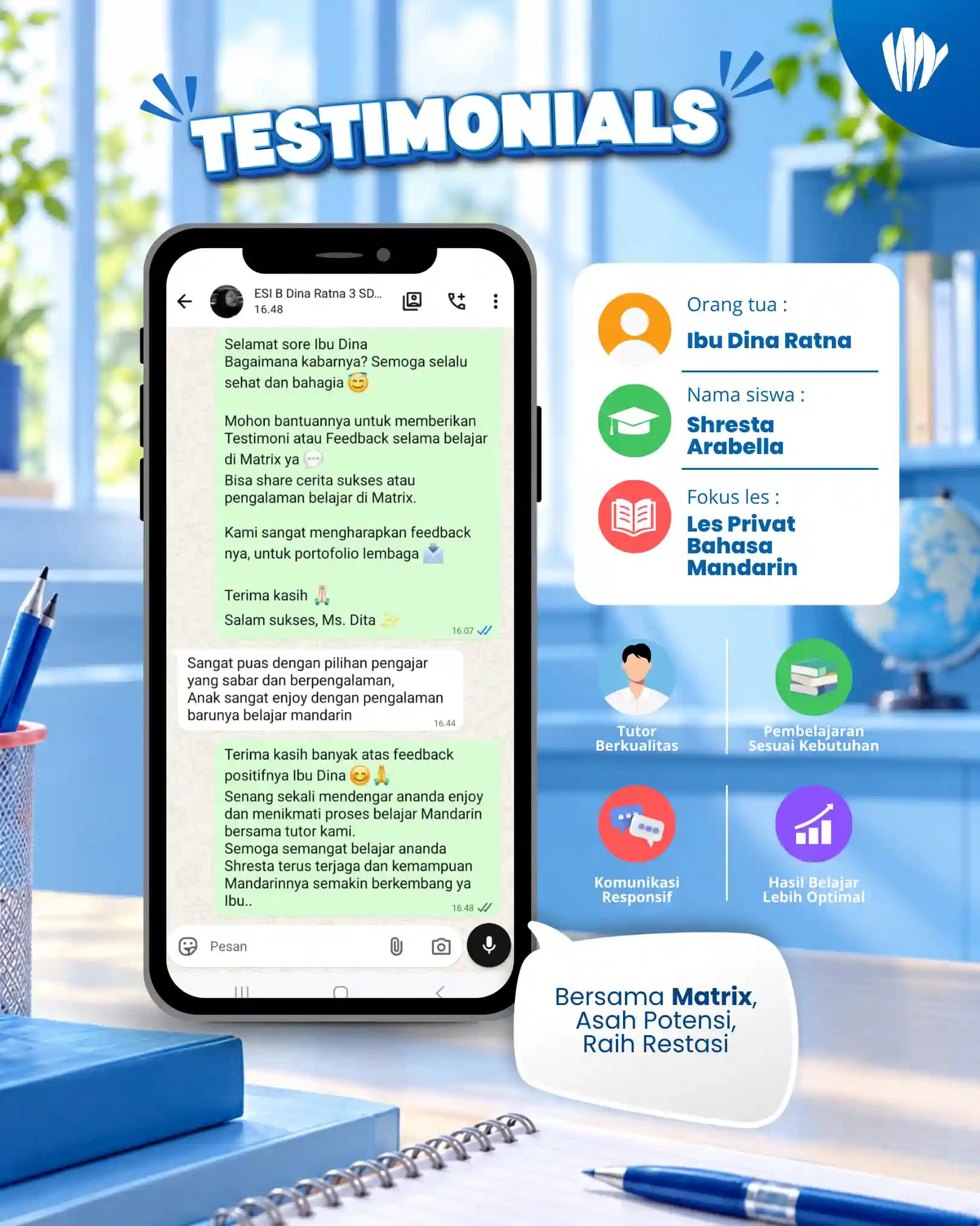 Testimoni orang tua siswa Matrix Tutoring Ganendra Rafa K