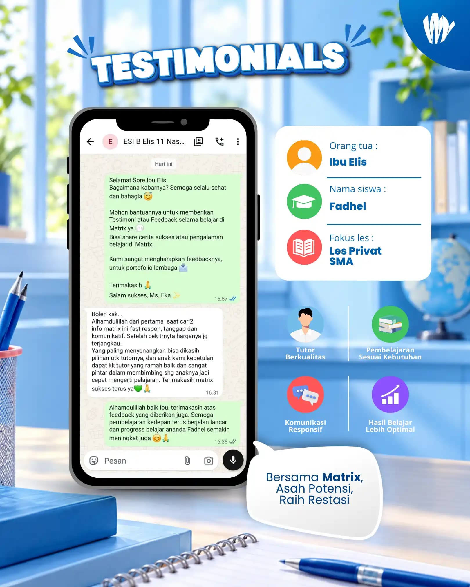 Testimoni orang tua siswa Matrix Tutoring Hilarius Pieter
