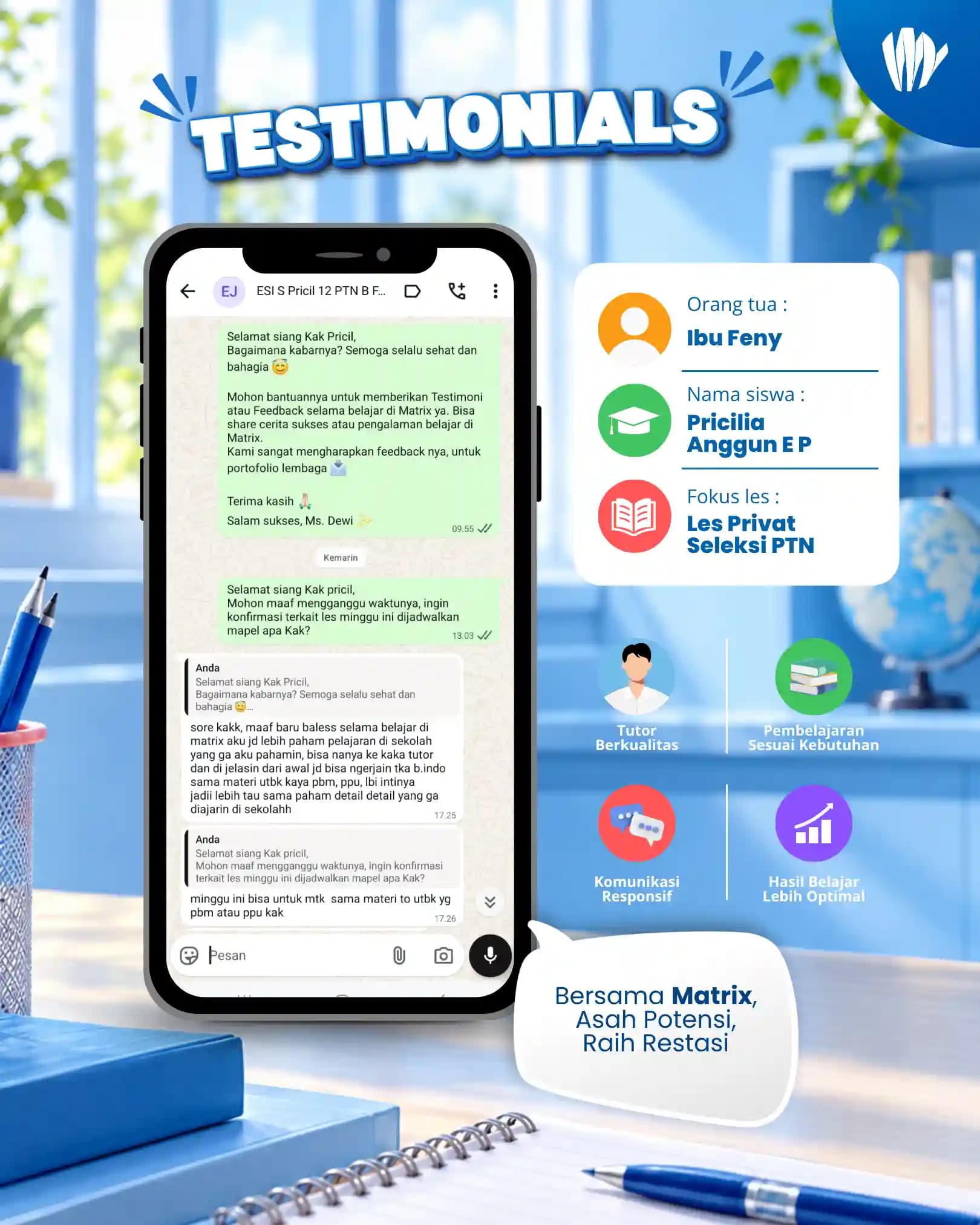 Testimoni orang tua siswa Matrix Tutoring Pricillia Anggun E P