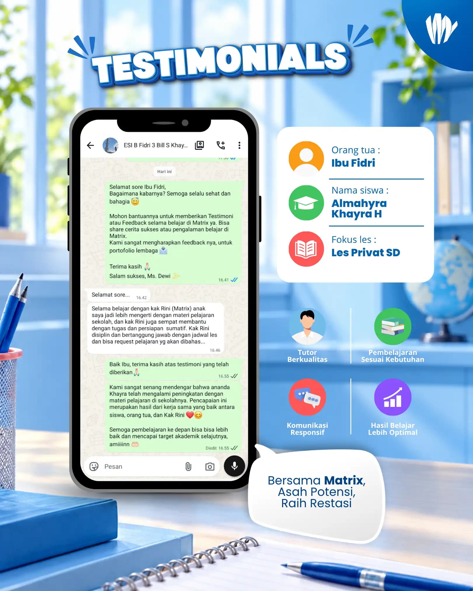 Testimoni orang tua siswa Matrix Tutoring Amahyra Khayra H
