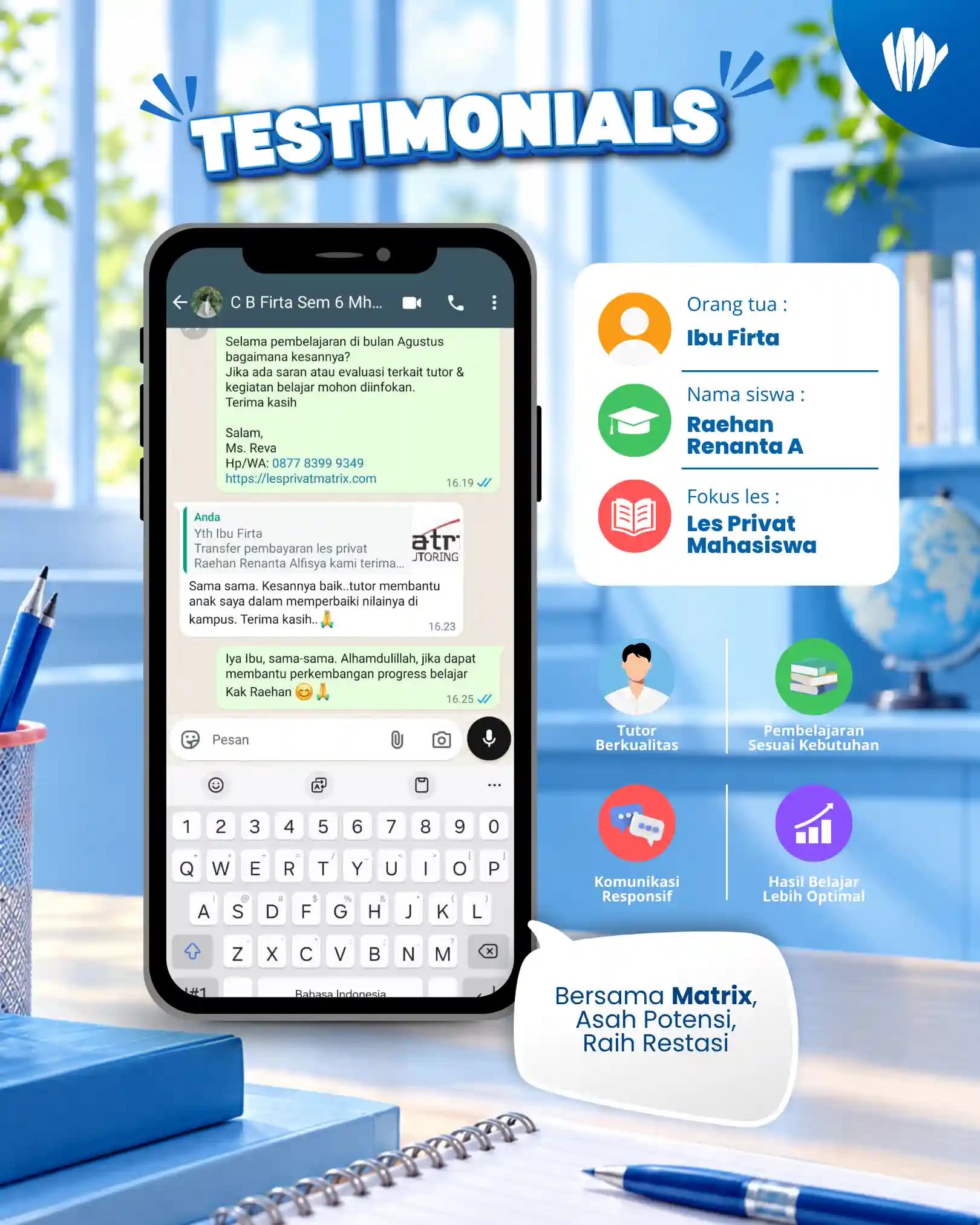 Testimoni orang tua siswa Matrix Tutoring Raehan Renanta A