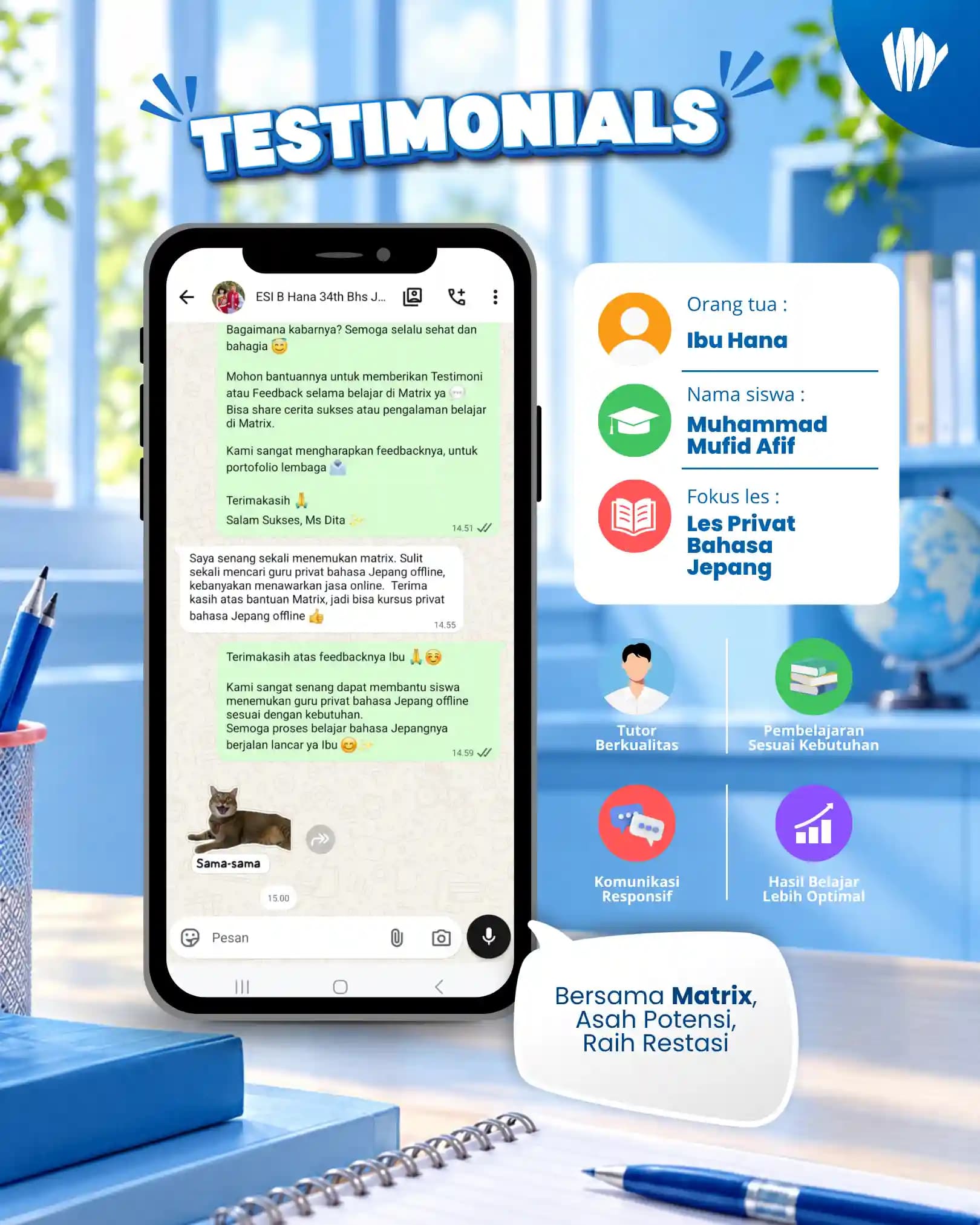 Testimoni orang tua siswa Matrix Tutoring Muhammad Mufid Afif