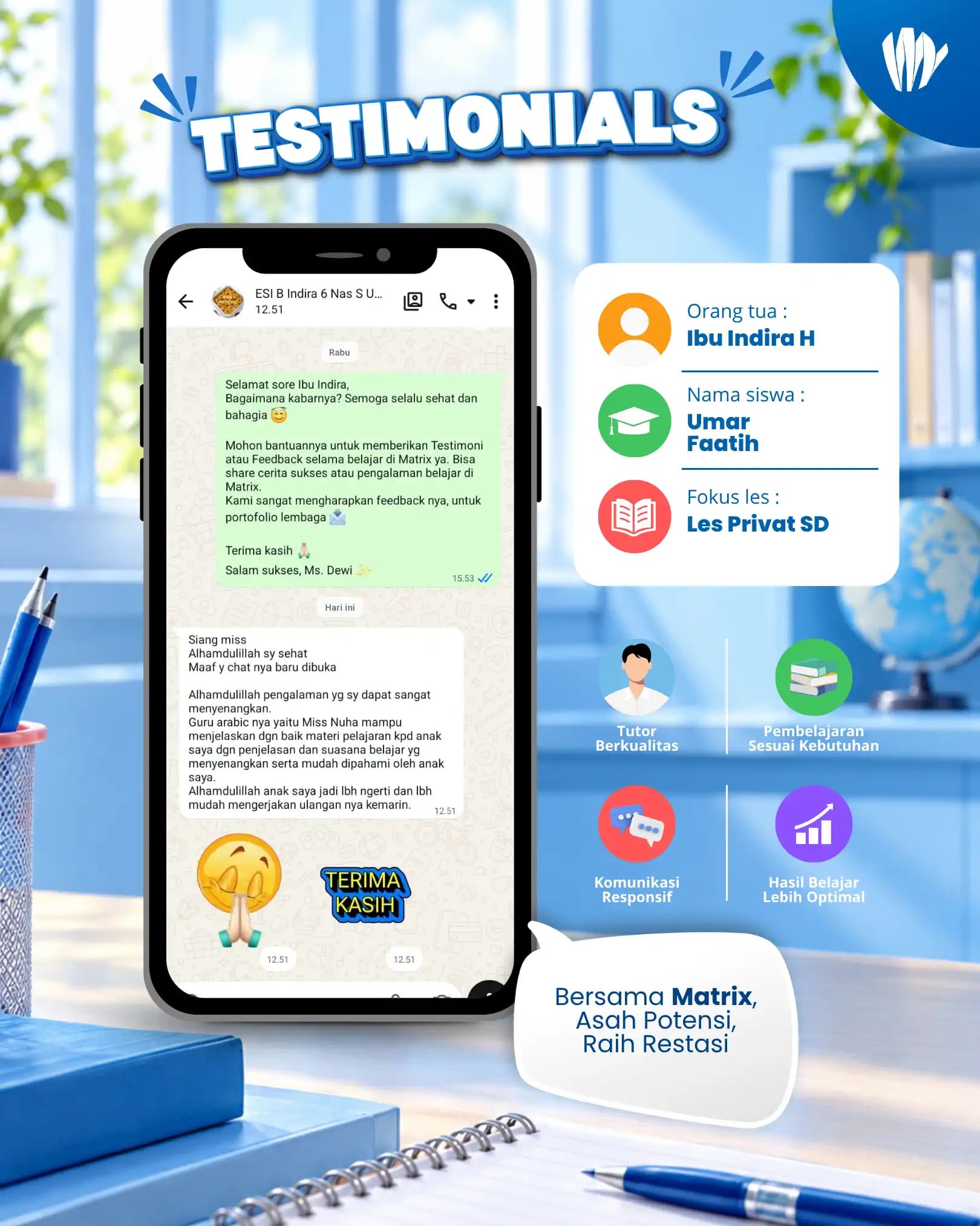 Testimoni orang tua siswa Matrix Tutoring Umaar Faatih