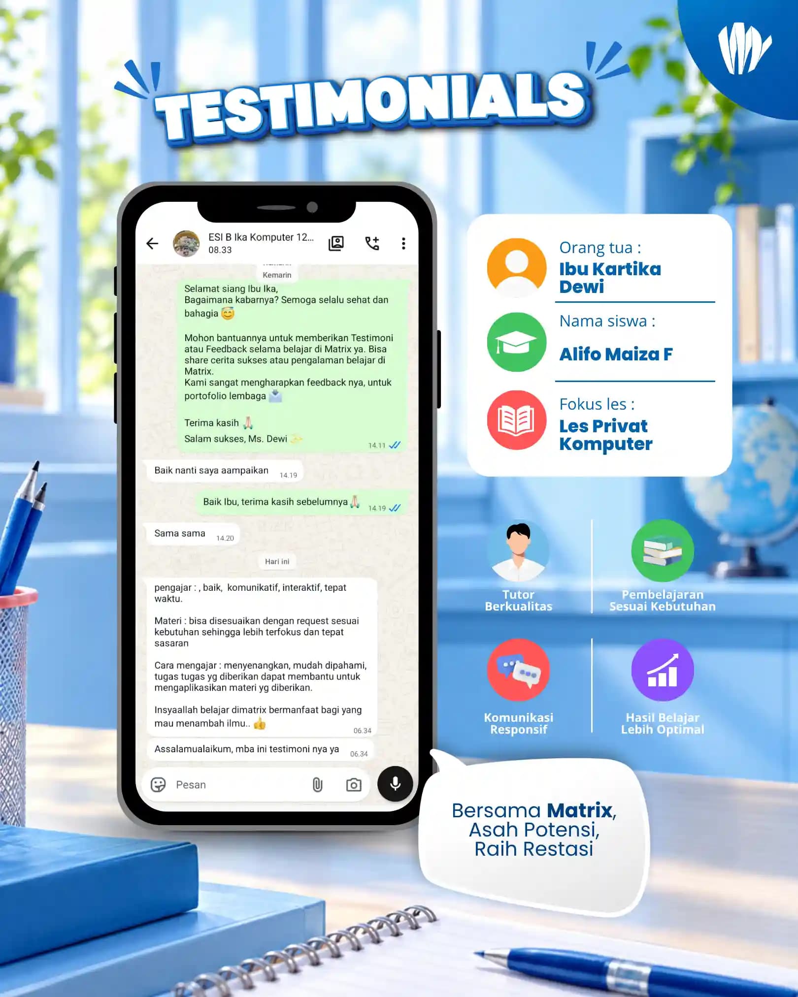 Testimoni orang tua siswa Matrix Tutoring Alifo Maiza F