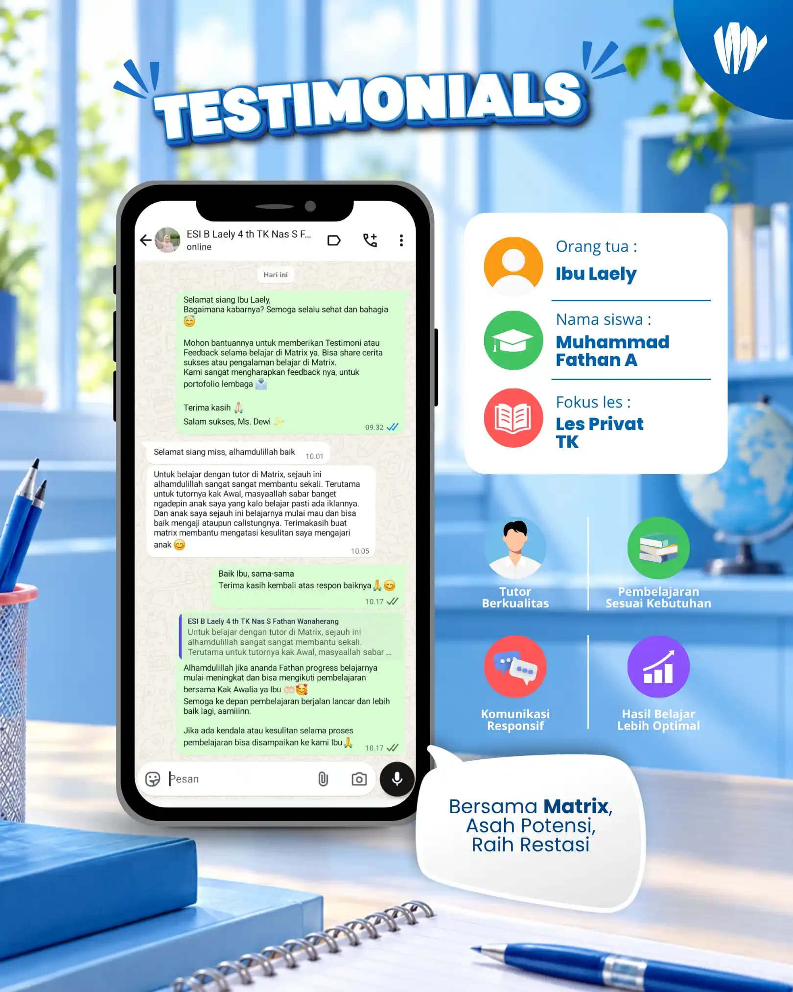 Testimoni orang tua siswa Matrix Tutoring Muhammad Fathan A