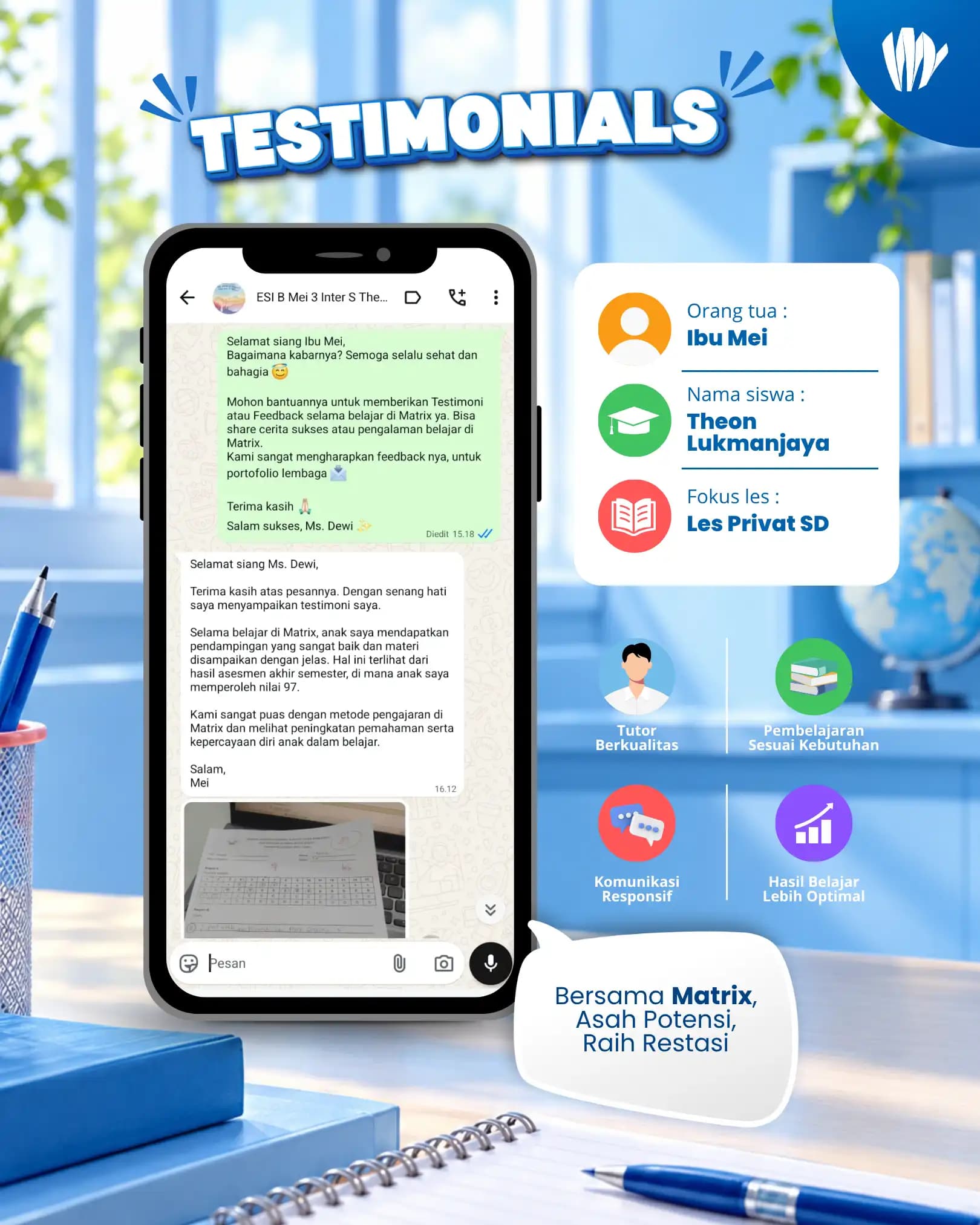 Testimoni orang tua siswa Matrix Tutoring Theon Lukmanjaya