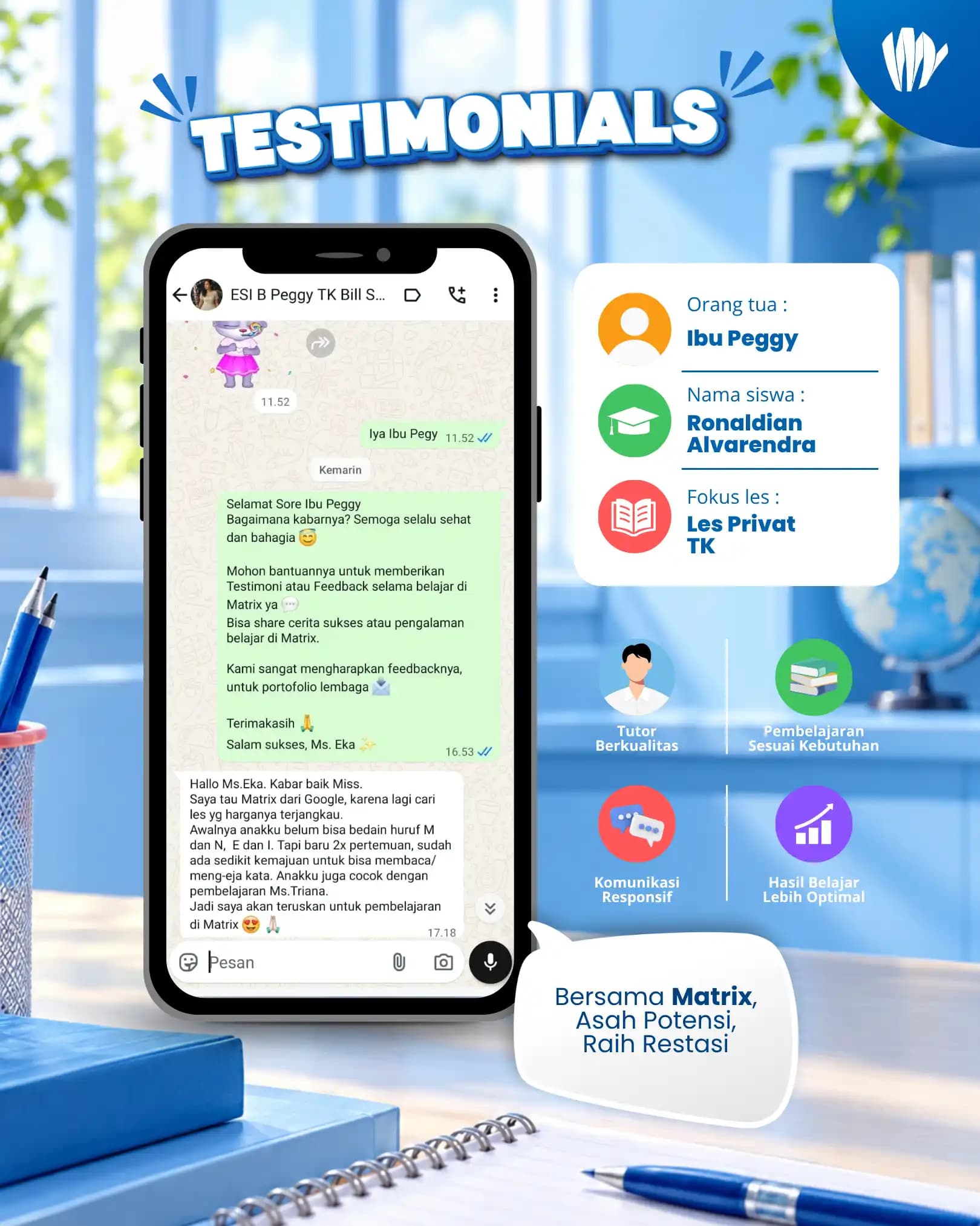 Testimoni orang tua siswa Matrix Tutoring Ronaldian Alvarendra