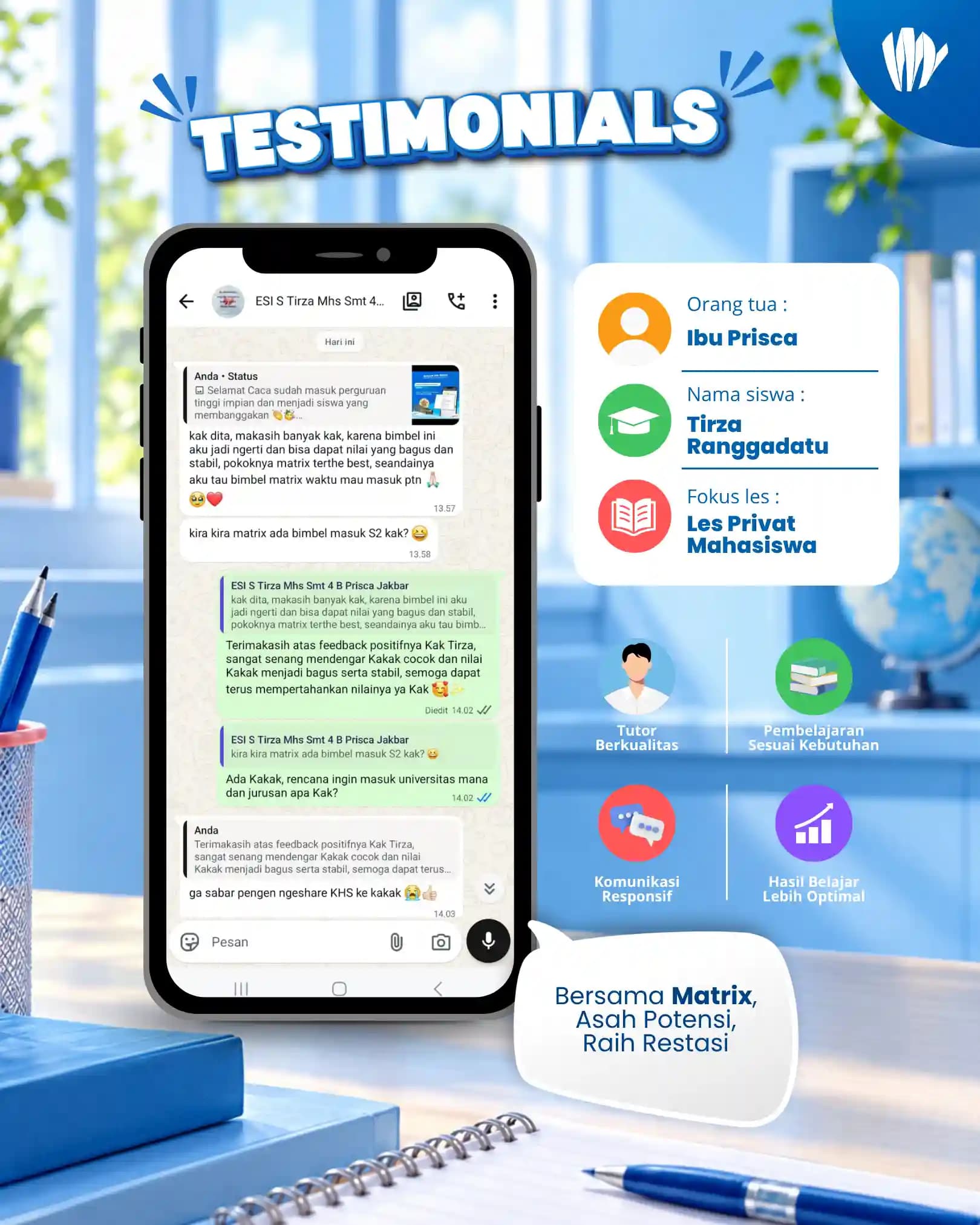 Testimoni orang tua siswa Matrix Tutoring Tirza Ranggadatu