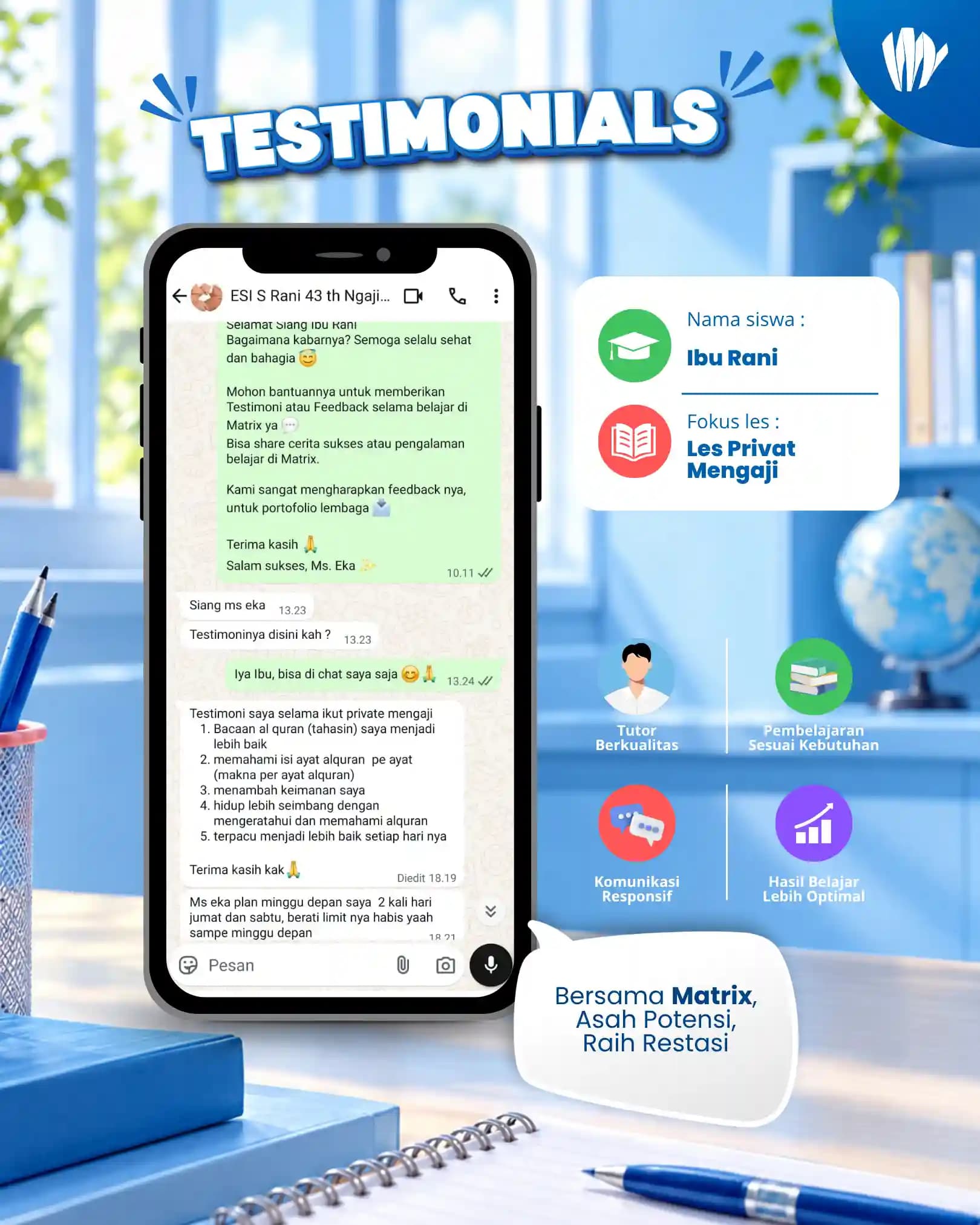 Testimoni orang tua siswa Matrix Tutoring Ibu Rani Les Privat Mengaji
