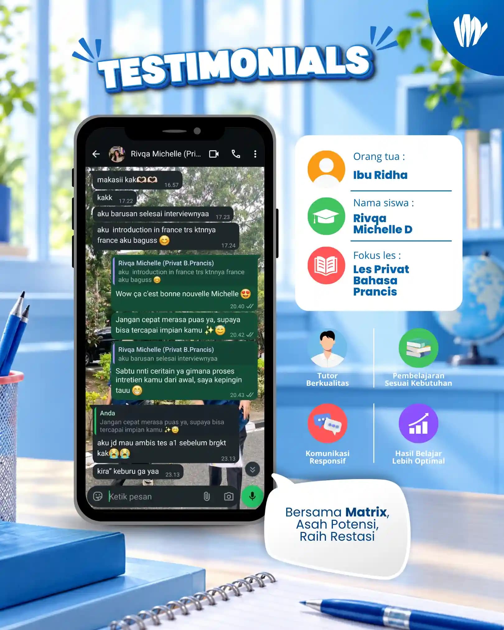 Testimoni orang tua siswa Matrix Tutoring Rivqa Michelle D