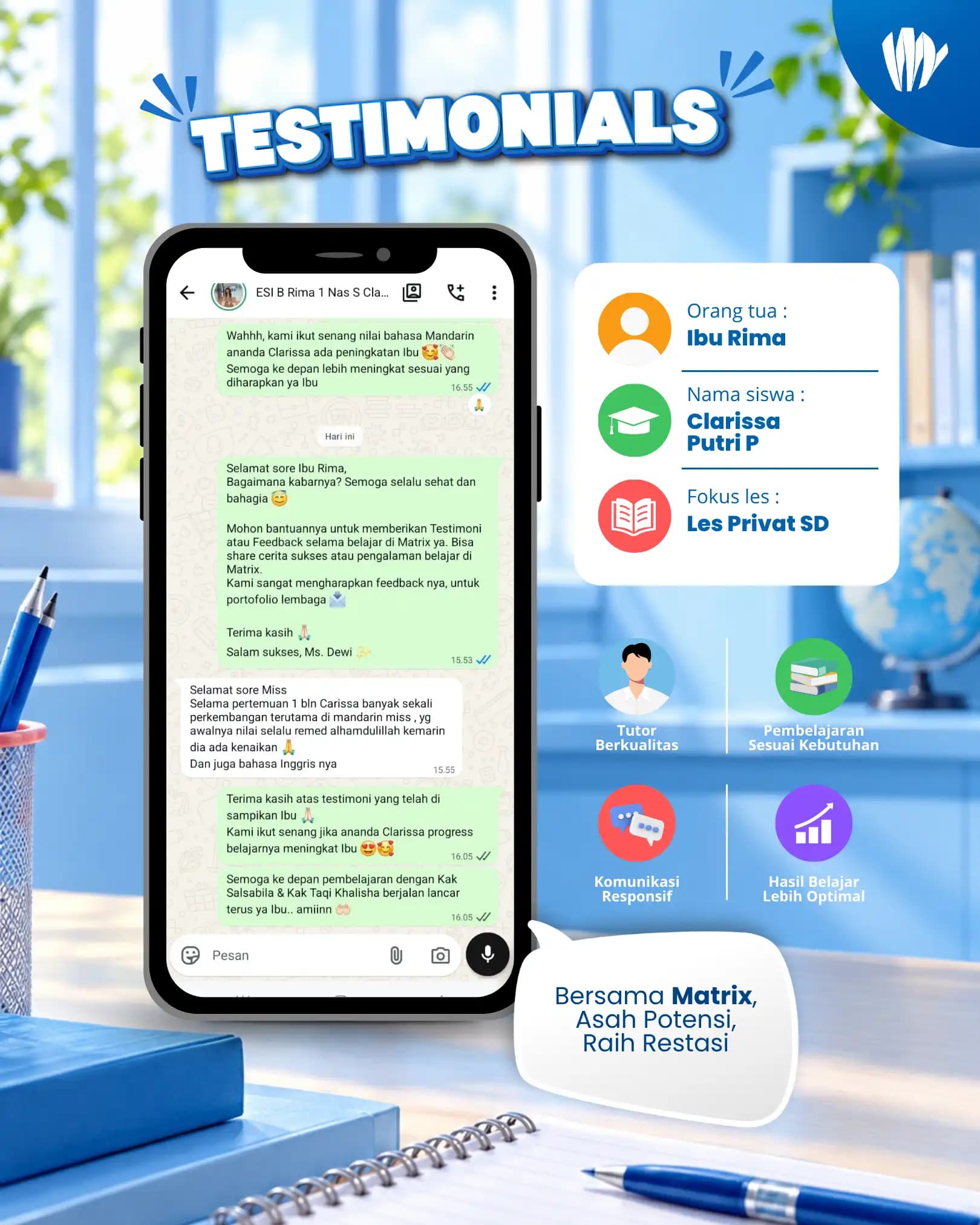Testimoni orang tua siswa Matrix Tutoring Clarissa Putri P
