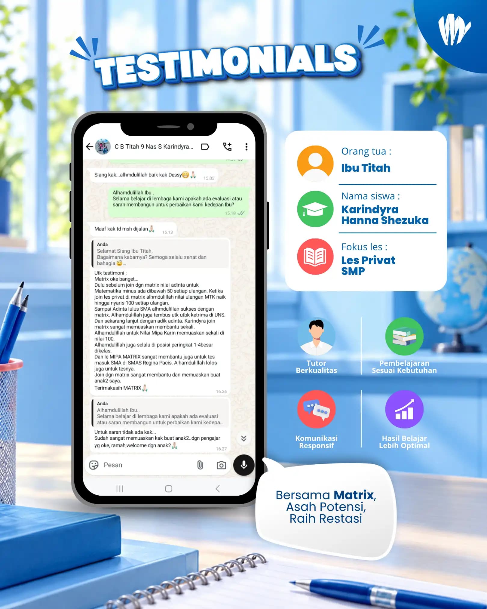 Testimoni orang tua siswa Matrix Tutoring Karindyra Hanna Shezuka