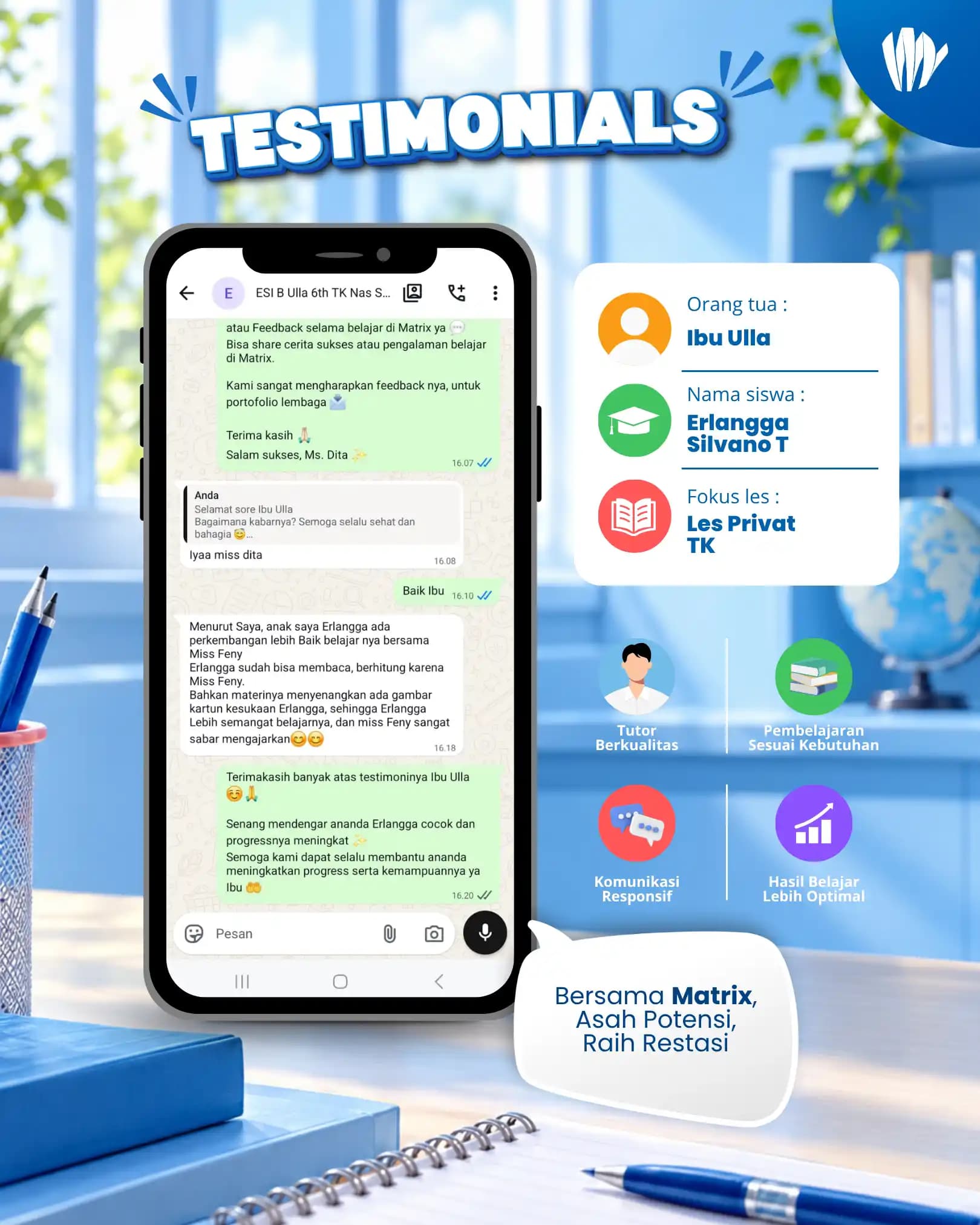 Testimoni orang tua siswa Matrix Tutoring Erlangga Silvano T