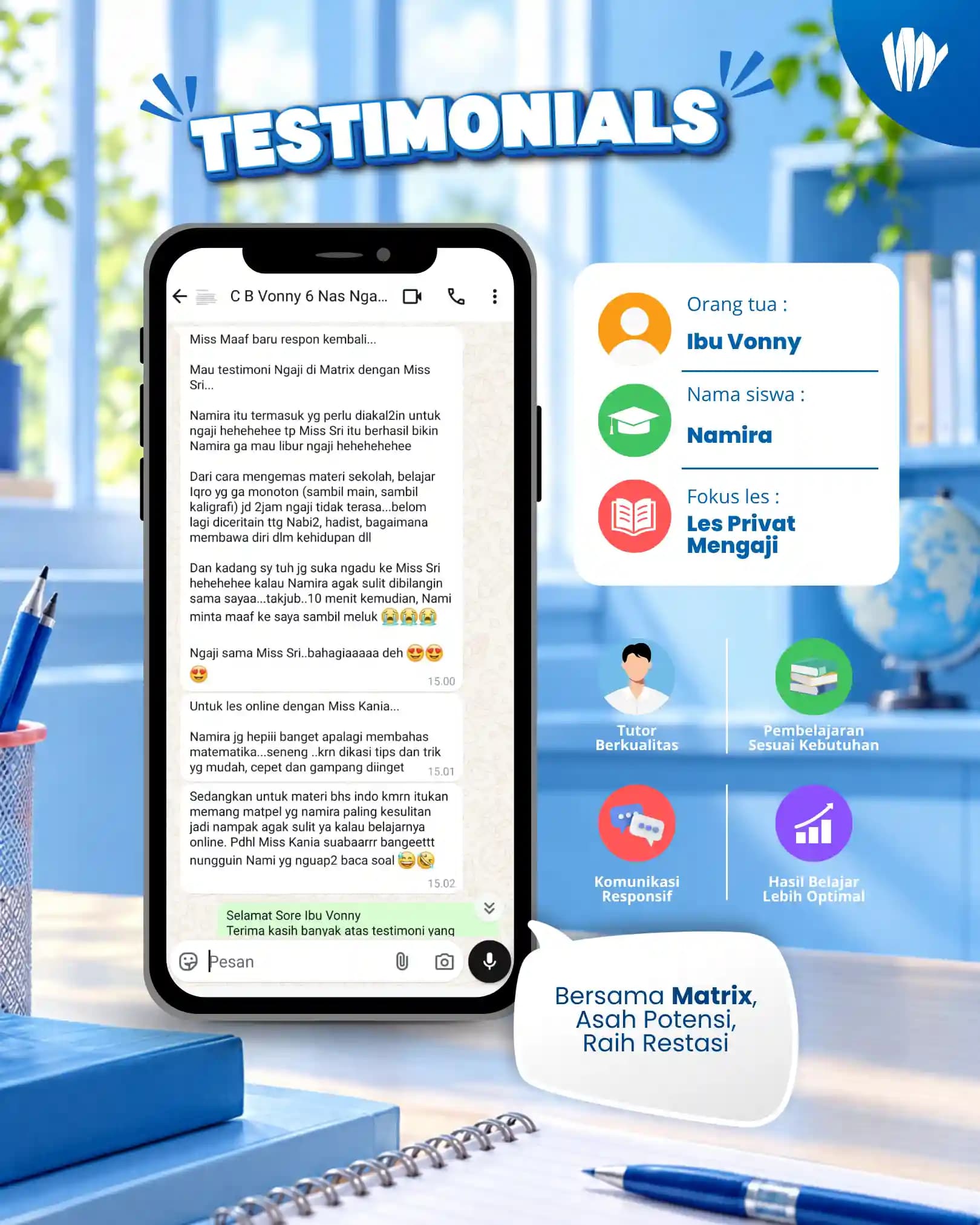 Testimoni orang tua siswa Matrix Tutoring Namira
