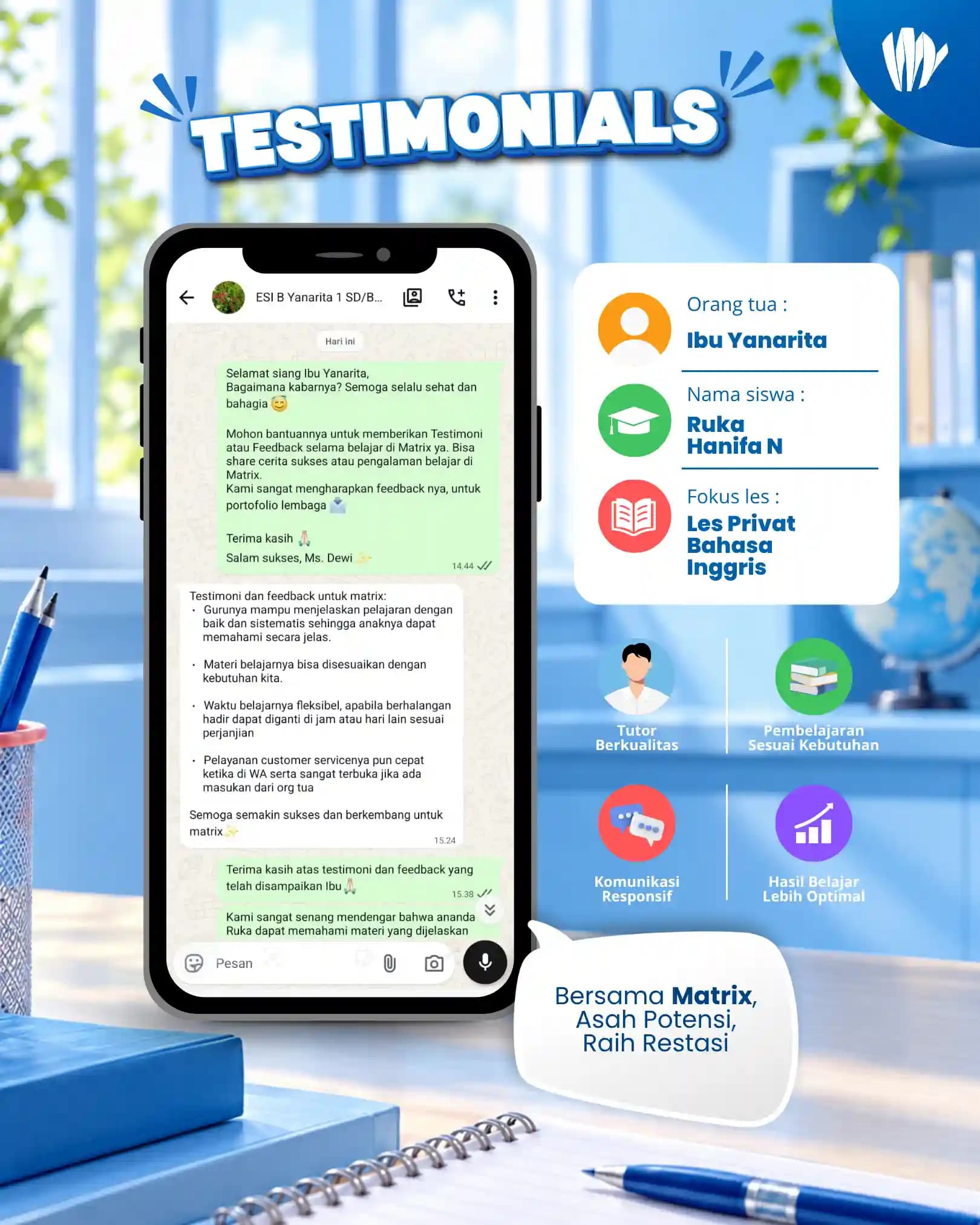 Testimoni orang tua siswa Matrix Tutoring Ruka Hanifa N