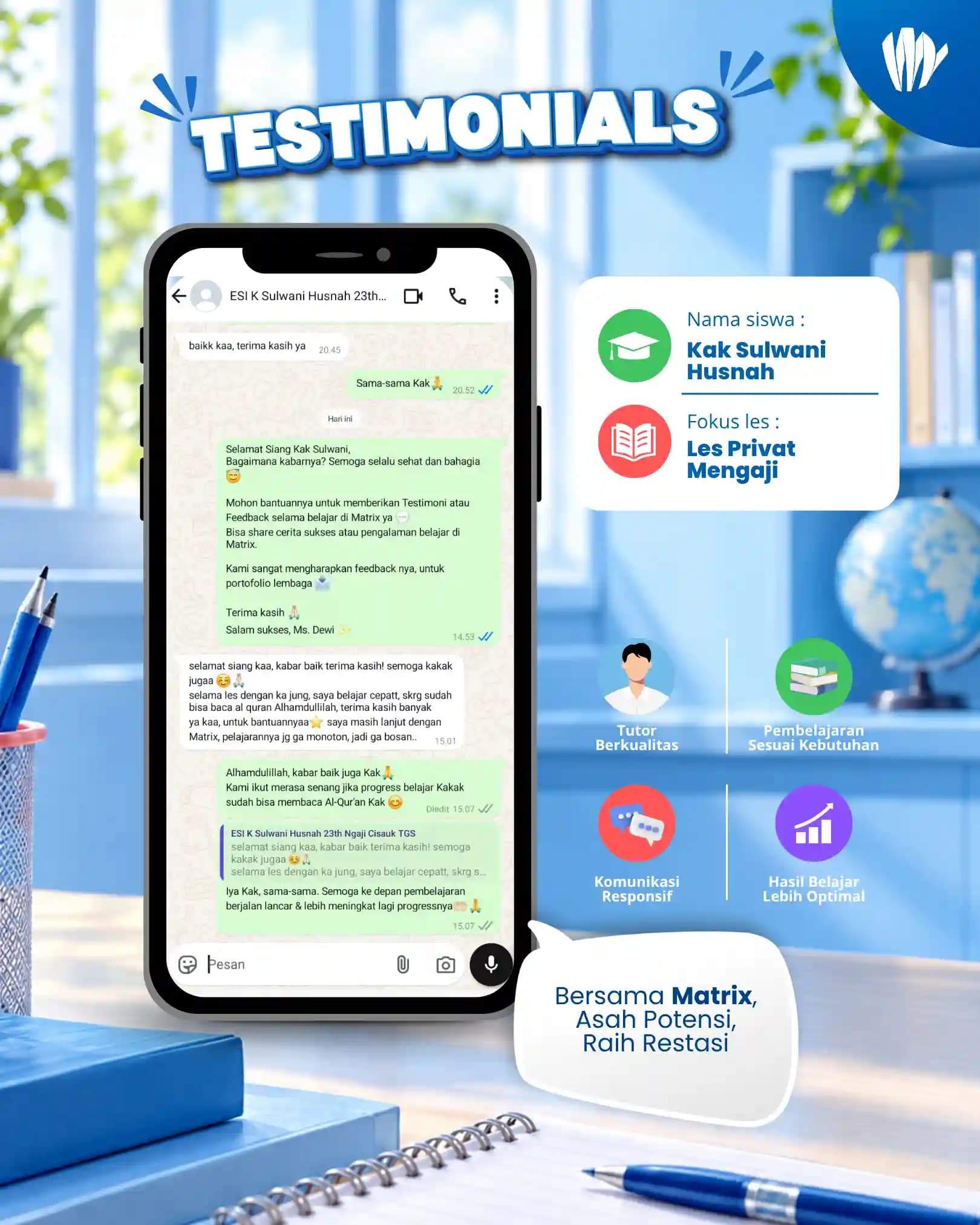 Testimoni orang tua siswa Matrix Tutoring Kak Sulwani Husnah