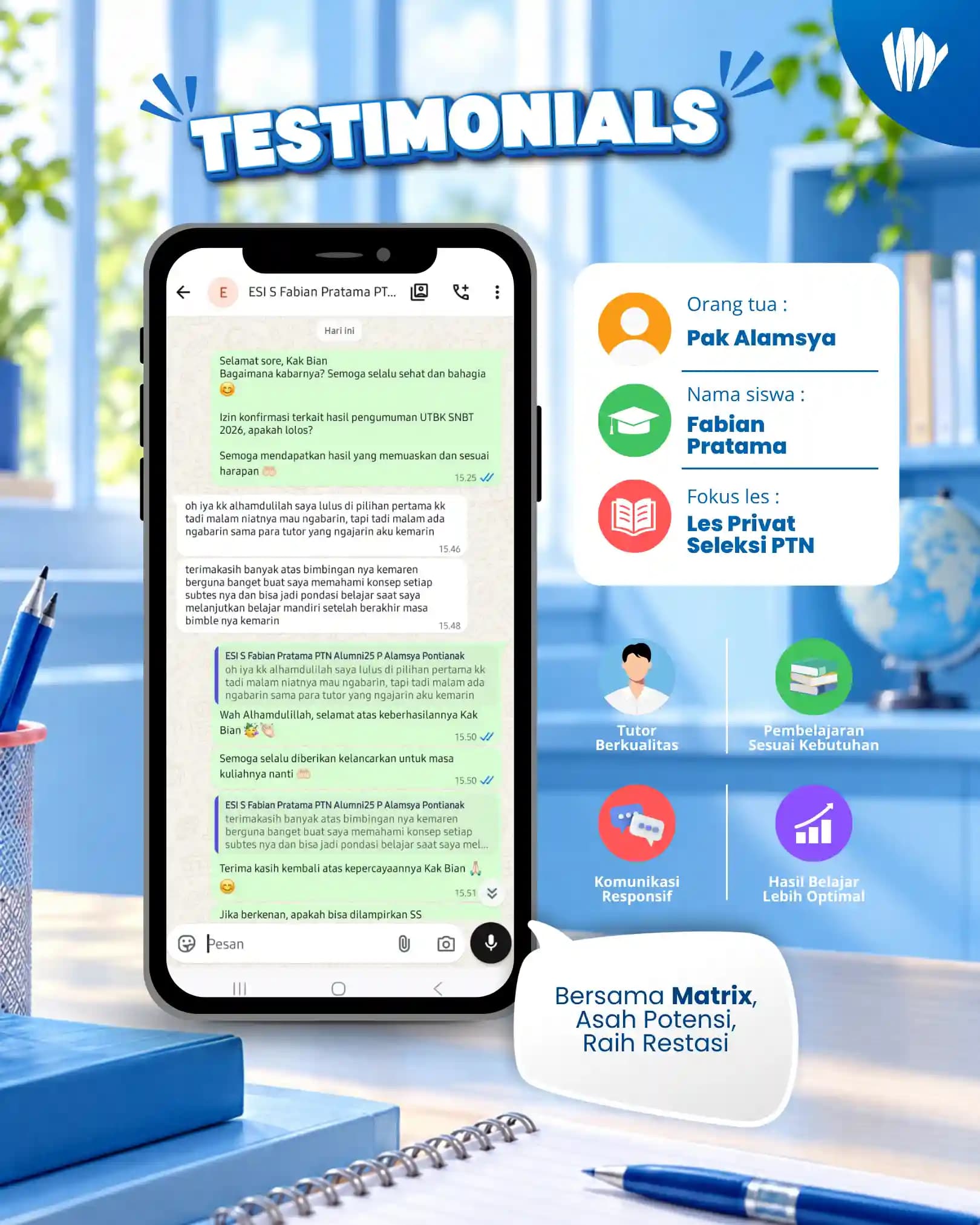 Testimoni orang tua siswa Matrix Tutoring Fabian Pratama