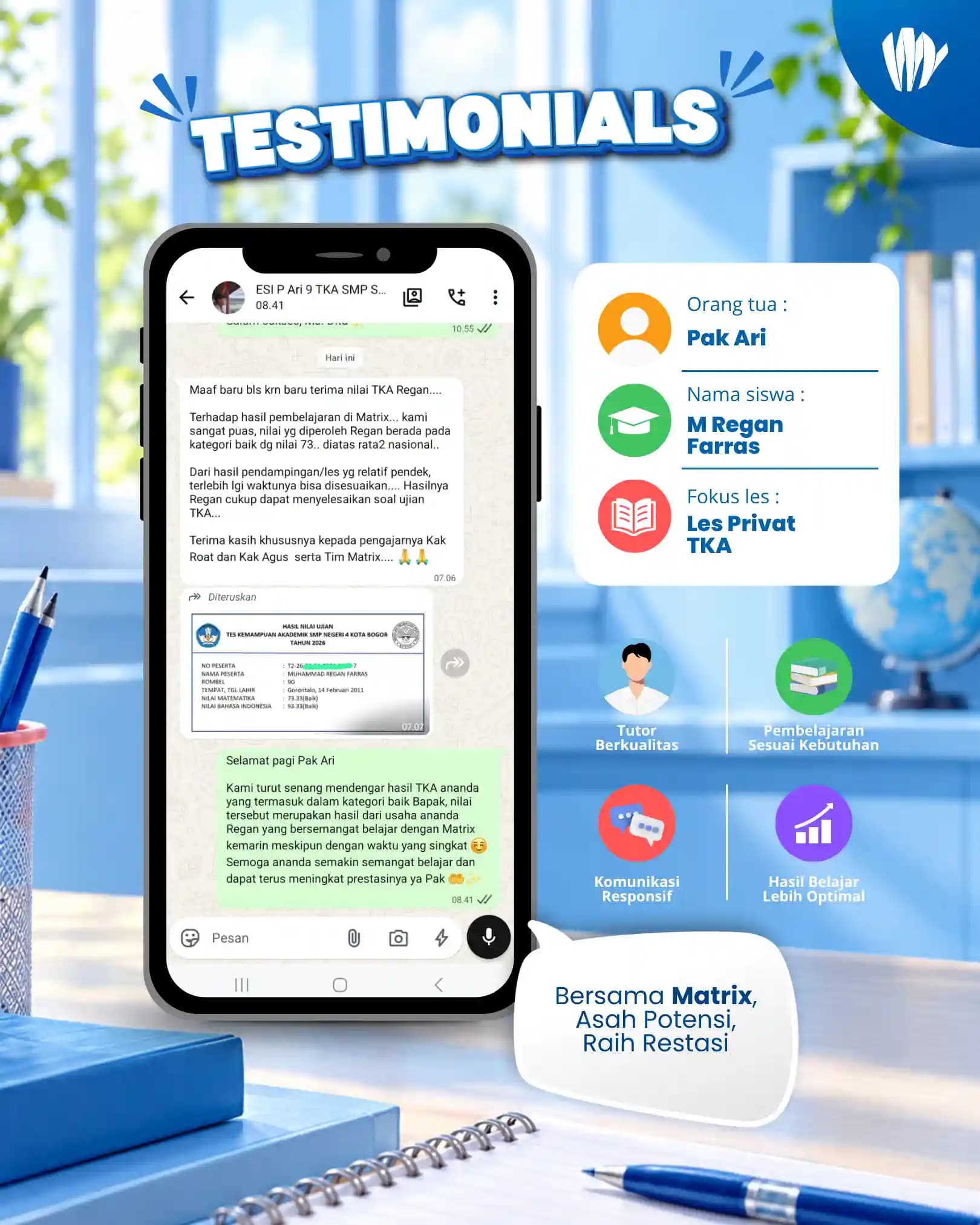 Testimoni orang tua siswa Matrix Tutoring M Regan Farras