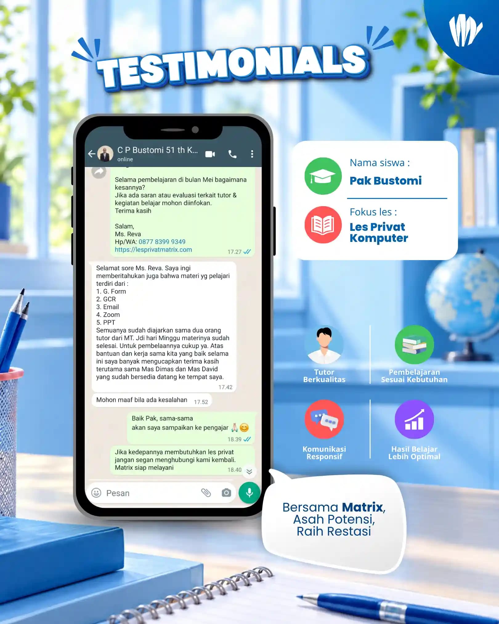 Testimoni orang tua siswa Matrix Tutoring Pak Bustomi