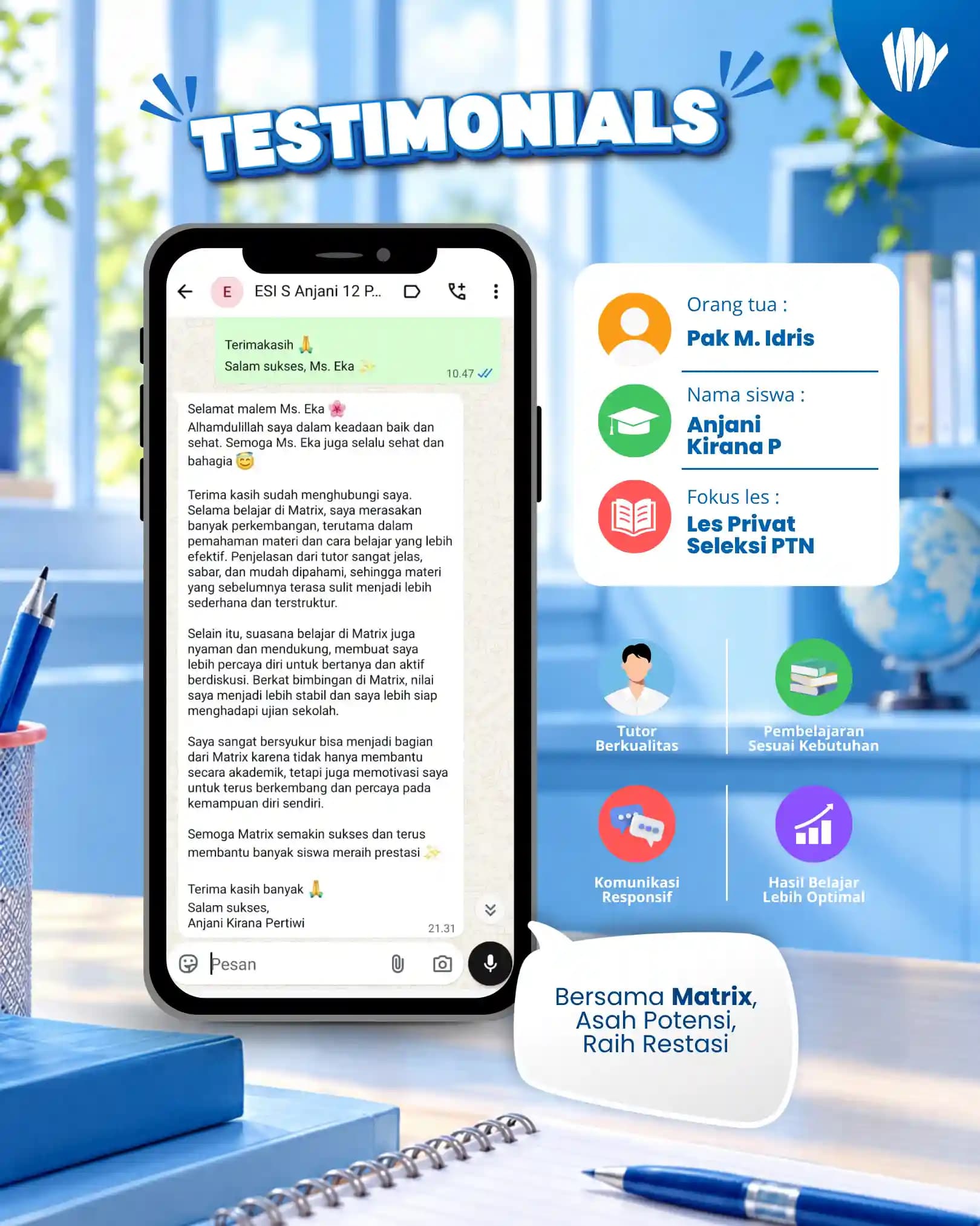 Testimoni orang tua siswa Matrix Tutoring Anjani Kiranan P