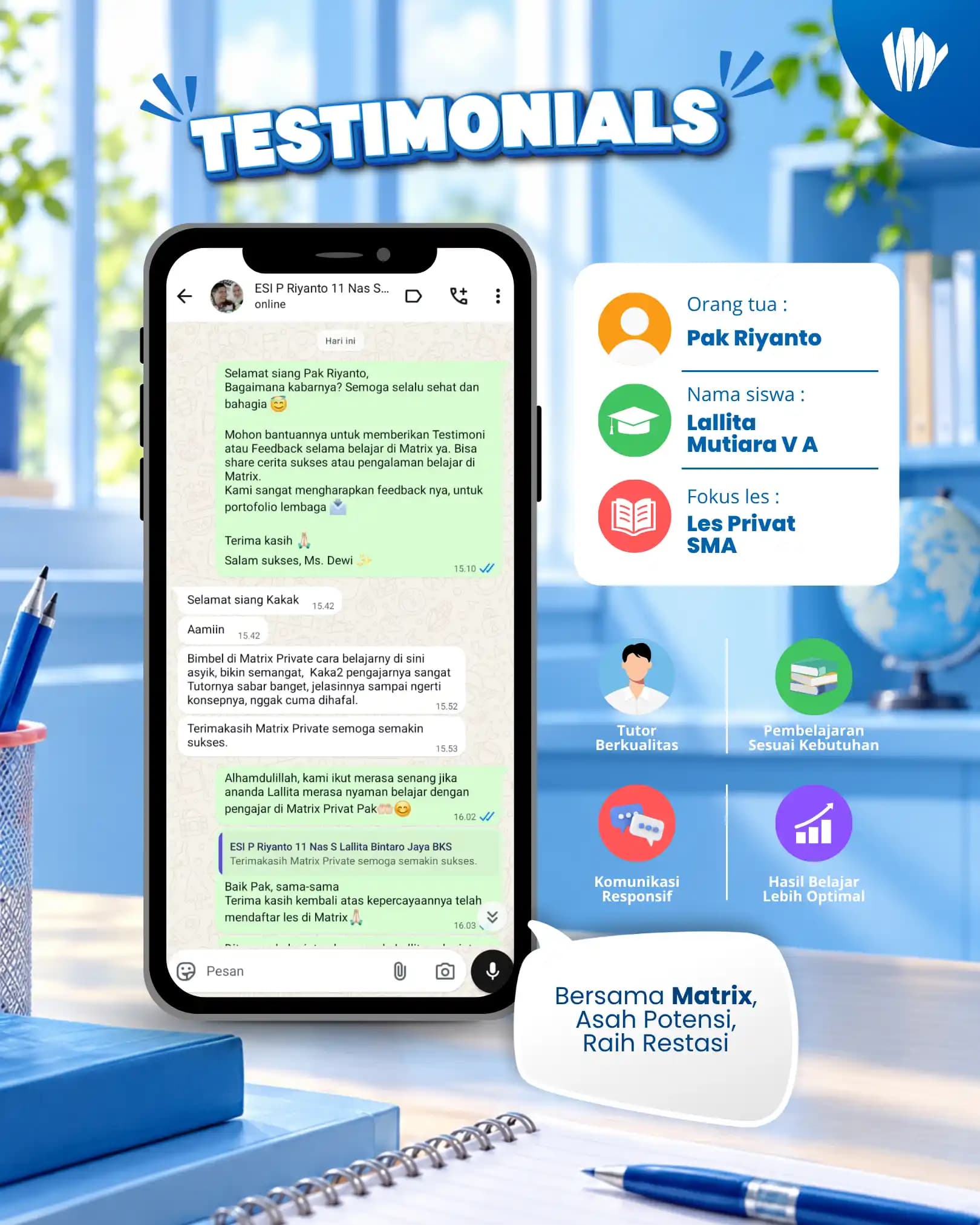 Testimoni orang tua siswa Matrix Tutoring Lalita Mutiara V A