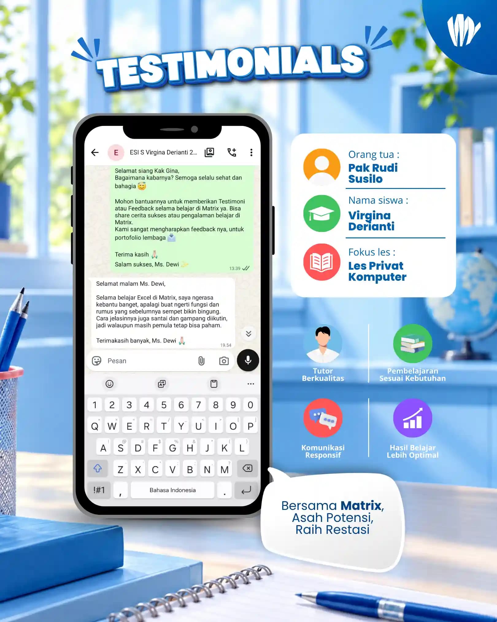 Testimoni orang tua siswa Matrix Tutoring Devi Derianti