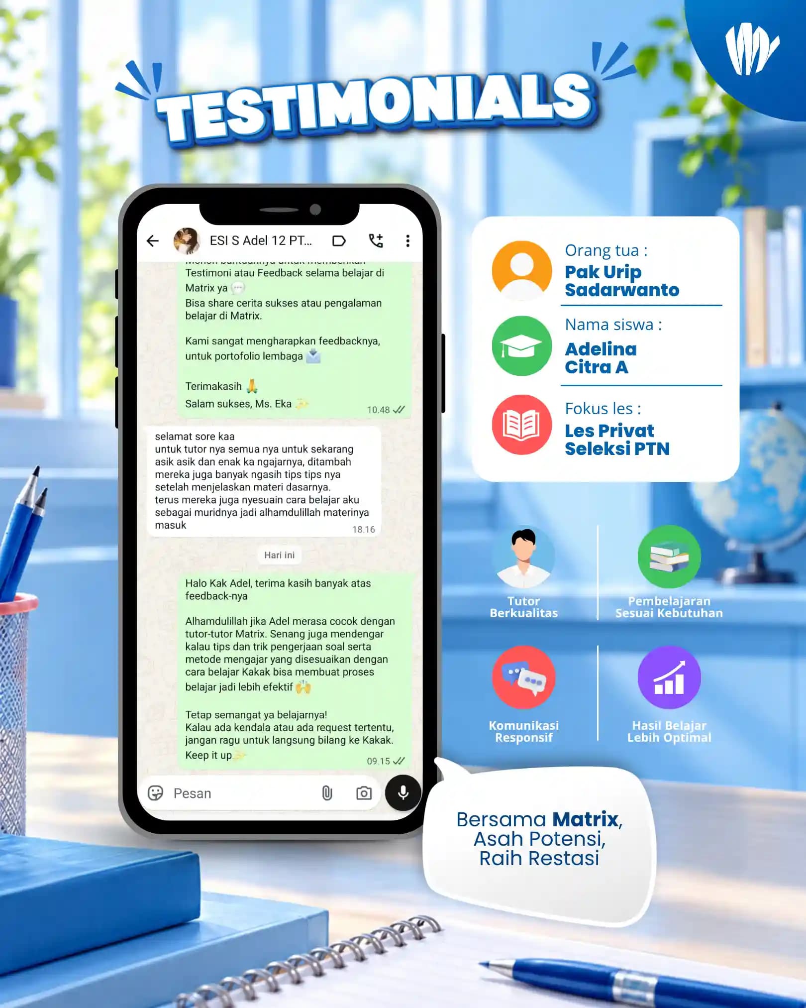Testimoni orang tua siswa Matrix Tutoring Adelina Citra A