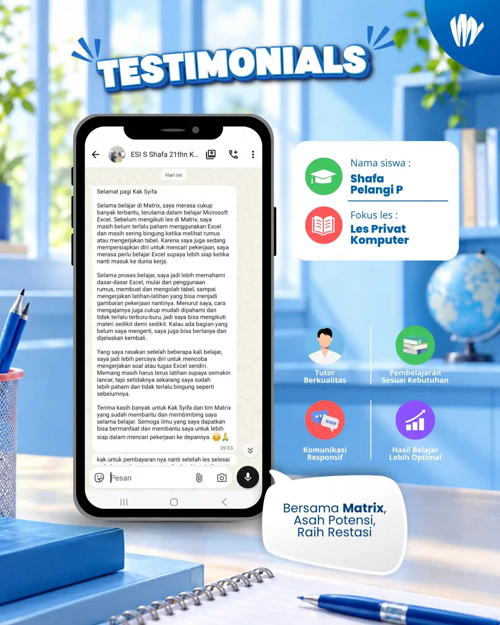 Testimoni orang tua siswa Matrix Tutoring Shafa Pelangi P